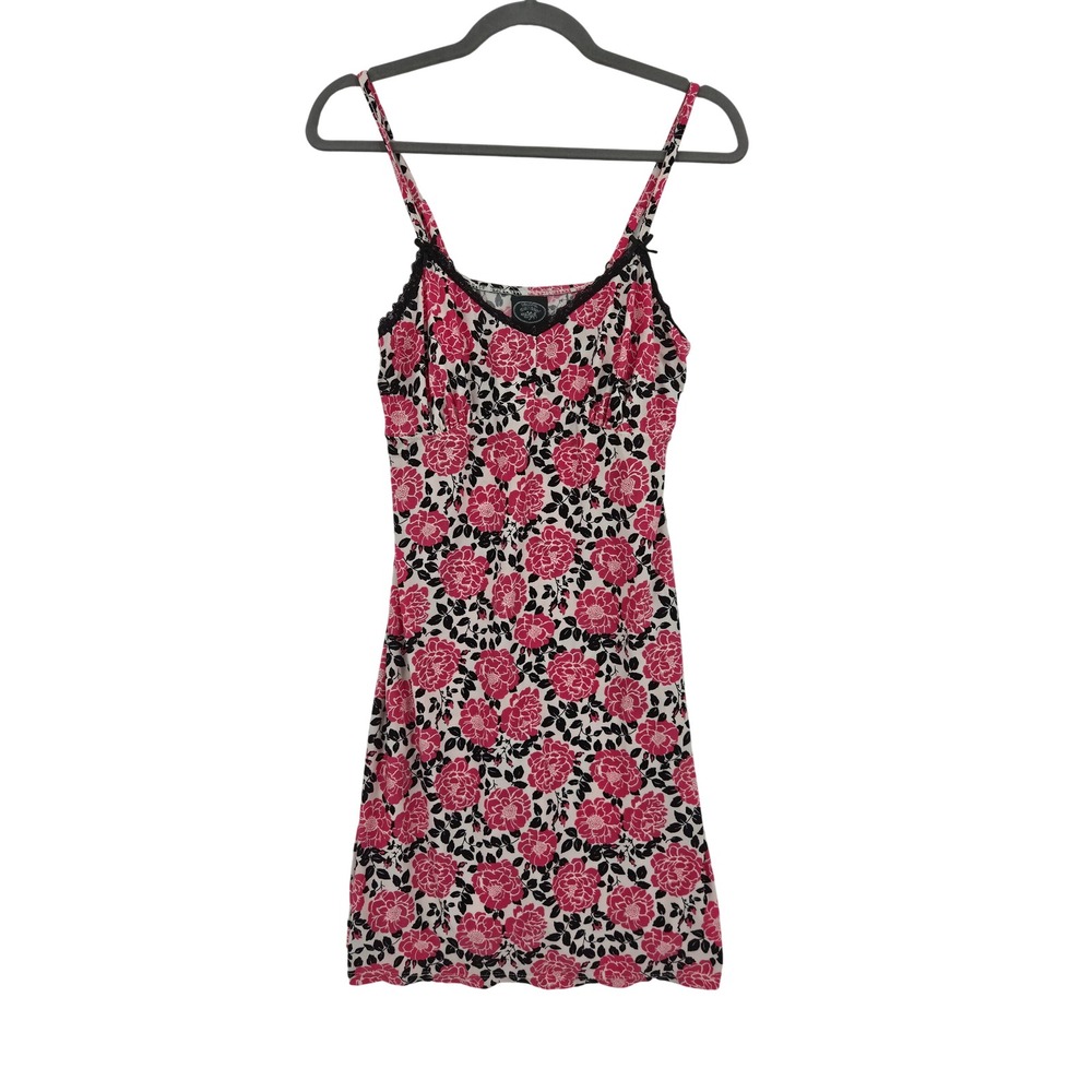 Laura Ashley Pink Black Floral Lace Trim Chemise Nightgown Large Slip Dress Y2K